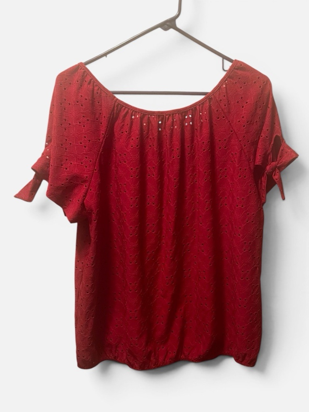 Perseption Red Eyelet Tie-Sleeve Blouse